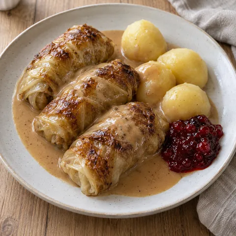 Brynta kåldolmar med gräddsås, kokt potatis och lingonsylt