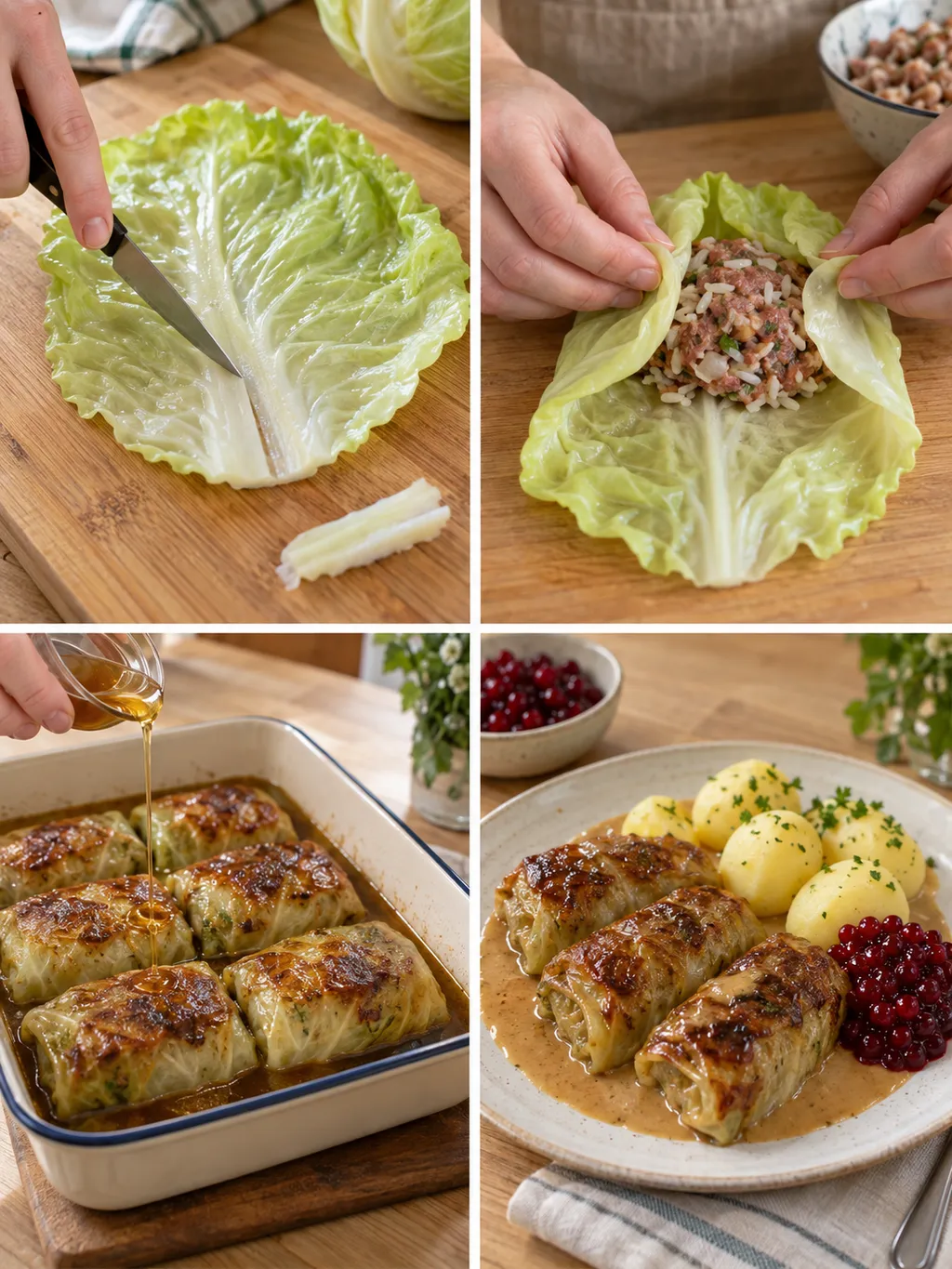 Kålblad förbereds, dolmar rullas och läggs i form före servering med sås och lingon