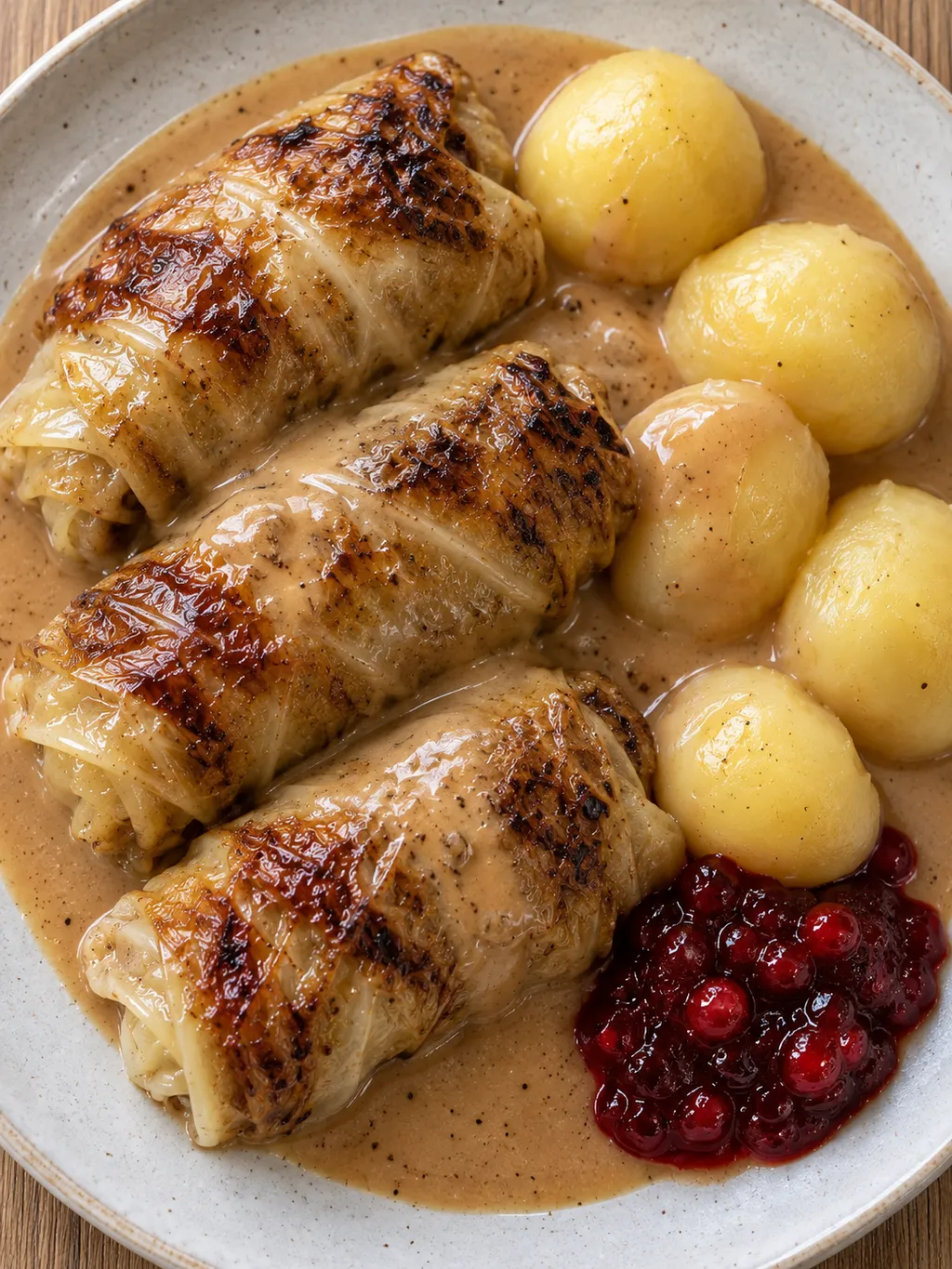 Kåldolmar med gyllenbrun kål, gräddsås, potatis och röda lingon