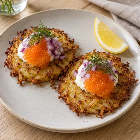 Krispig potatisrösti med Kalixlöjrom, gräddfil, rödlök och dill