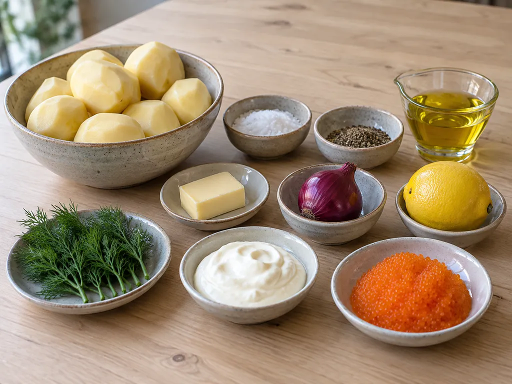 Potatis, Kalixlöjrom, gräddfil, rödlök, dill och citron med stekfett och kryddor