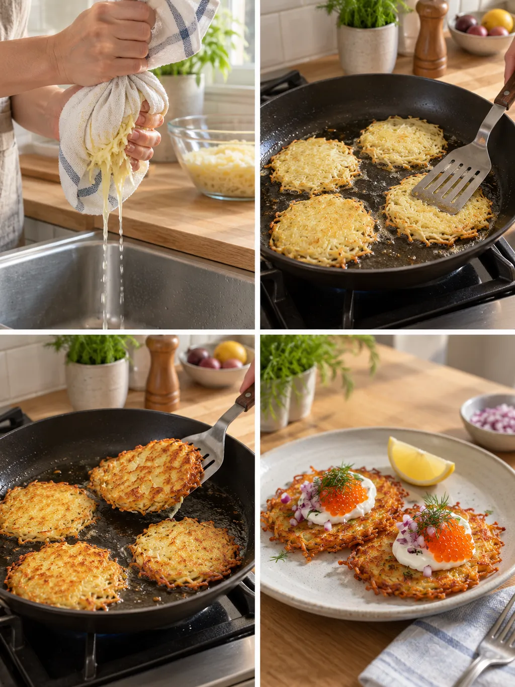 Potatis kramas ur och steks till rösti som serveras med Kalixlöjrom och gräddfil