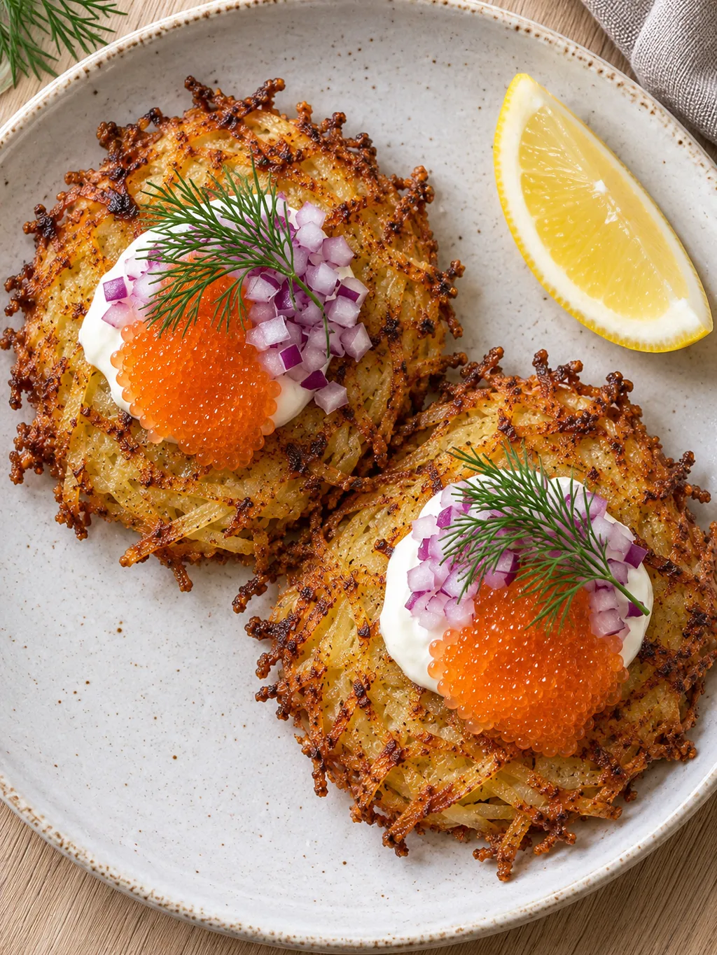 Gyllene potatisrösti toppad med orange Kalixlöjrom, gräddfil och dill