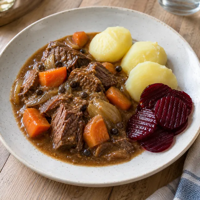 Kalops med morötter i brun sås, kokt potatis och inlagda rödbetor