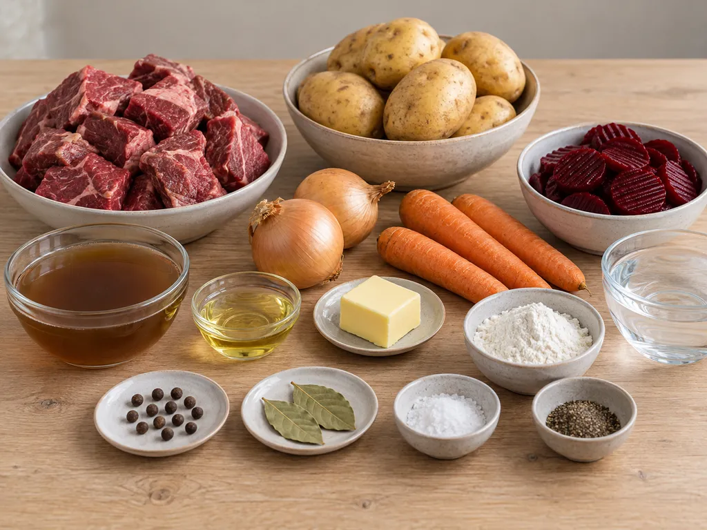 Högrev, lök, morötter, kryddpeppar, buljong, potatis och inlagda rödbetor