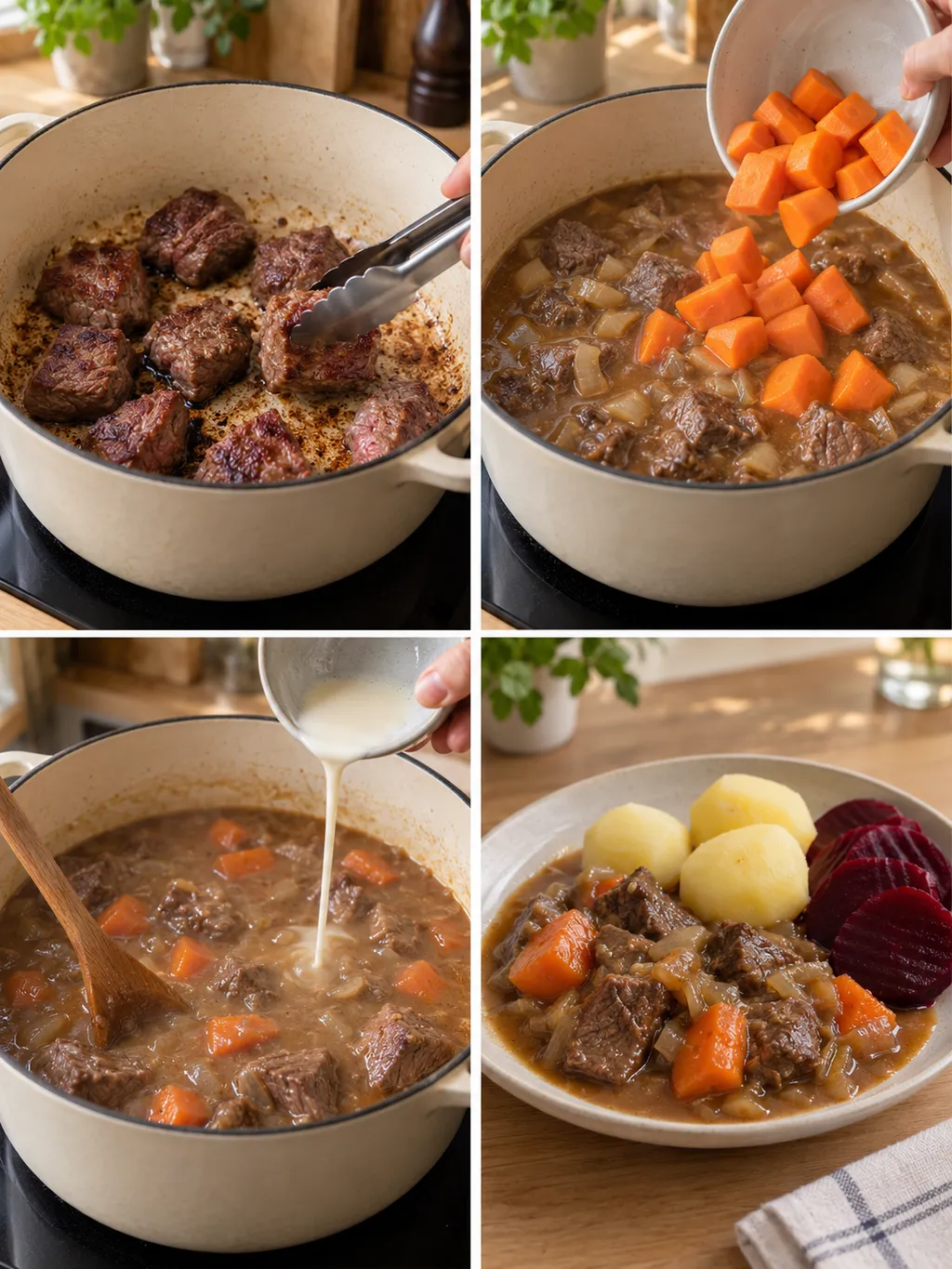 Kalops under bryning, sjudning och redning samt färdig med potatis och rödbetor