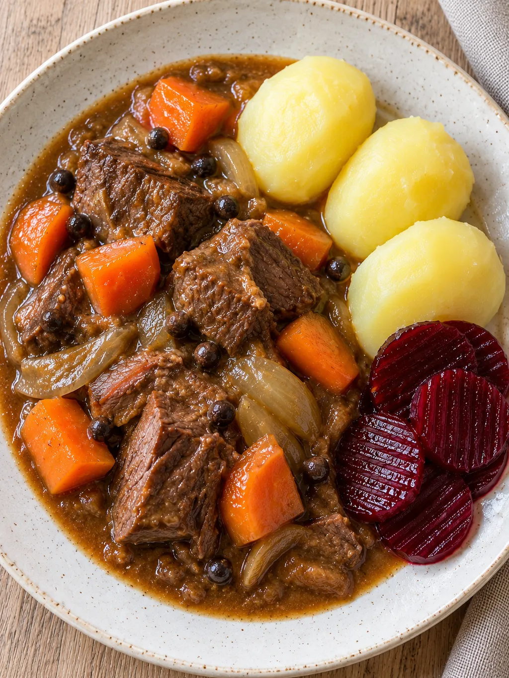Mustig kalops med högrev och morötter, kokt potatis och mörkröda rödbetsskivor