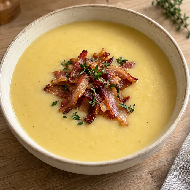 Len kålrotssoppa med knaprigt bacon och färska timjanblad i en ljus skål