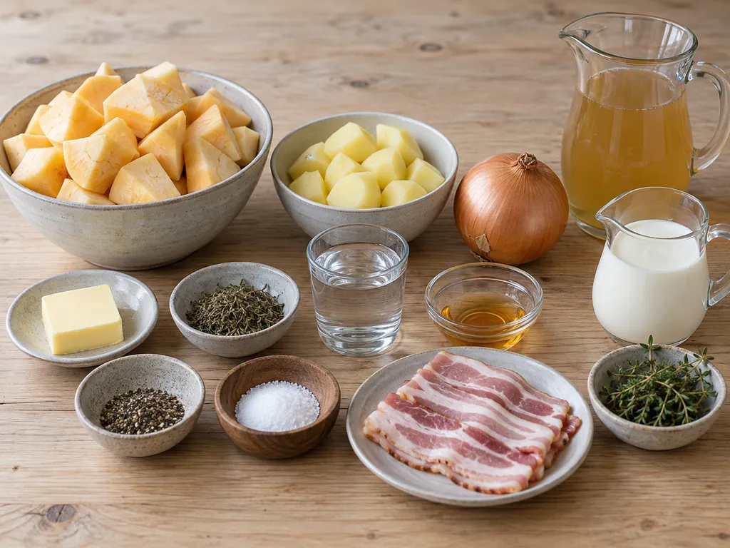 Kålrot, potatis, lök, grädde, bacon och timjan med soppans övriga råvaror