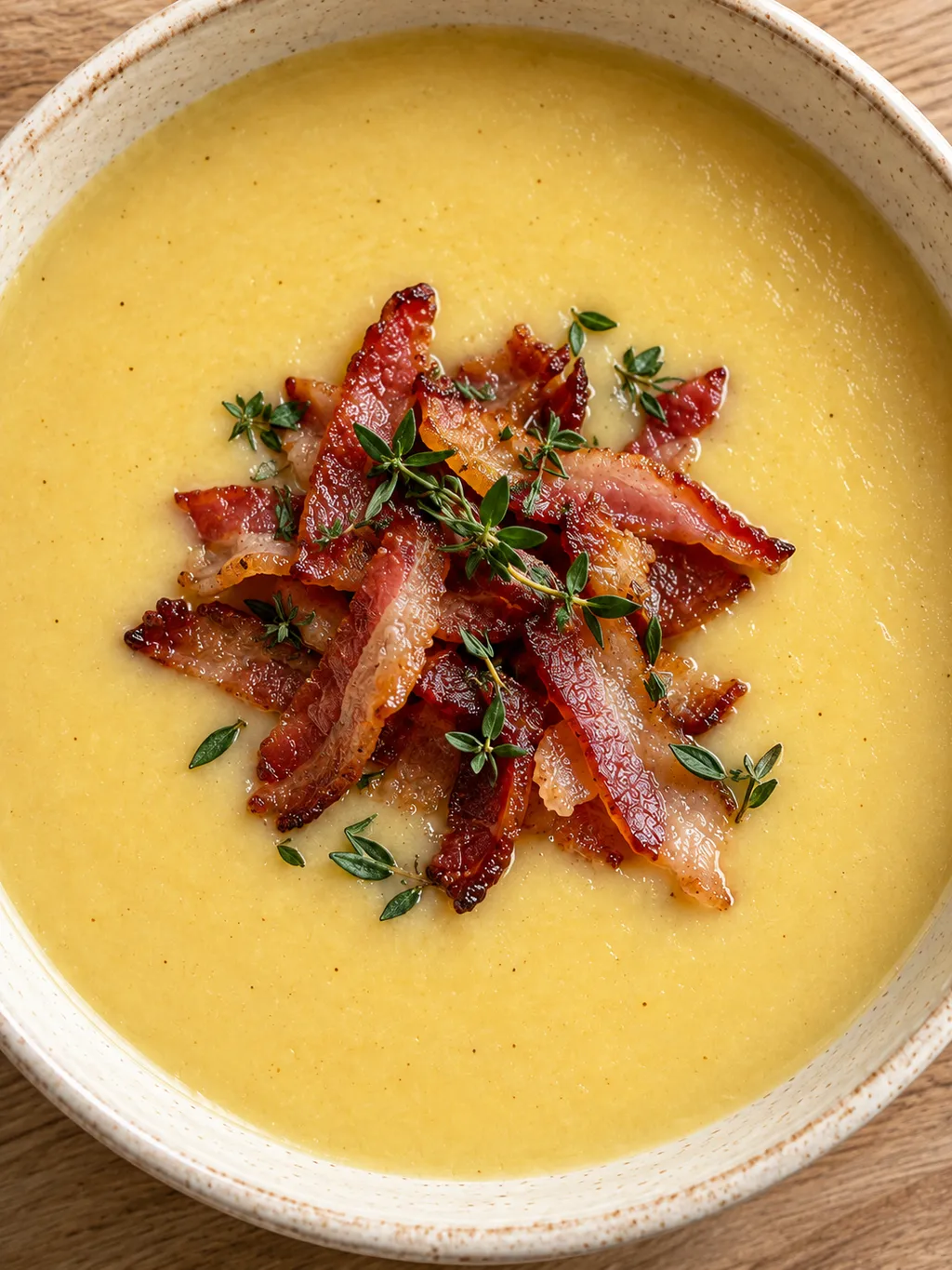 Ljust gul kålrotssoppa med gyllenbrunt bacon och gröna timjanblad