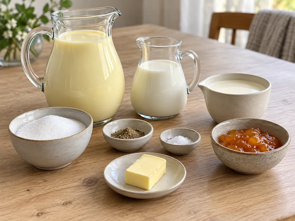 Råmjölk, mjölk, socker, kardemumma, salt, smör, hjortronsylt och grädde