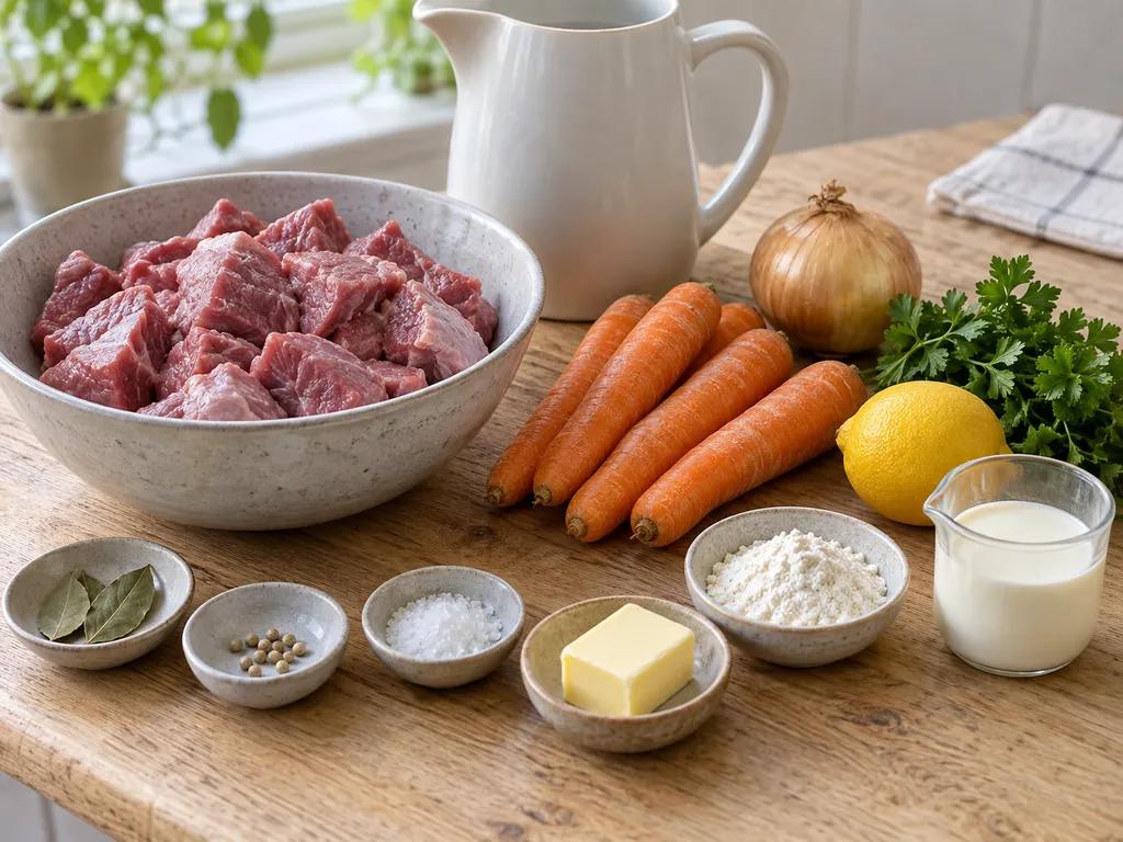 Kalvbog, morötter, lök, citron, grädde och kryddor till kalvfrikassé