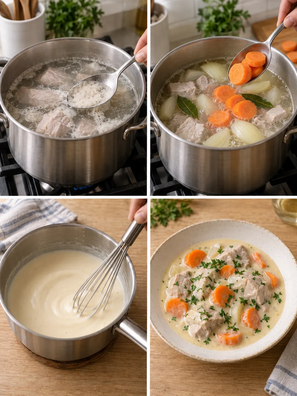 Kalvfrikassé från skummat köttkok till morötter, ljus sås och färdig portion