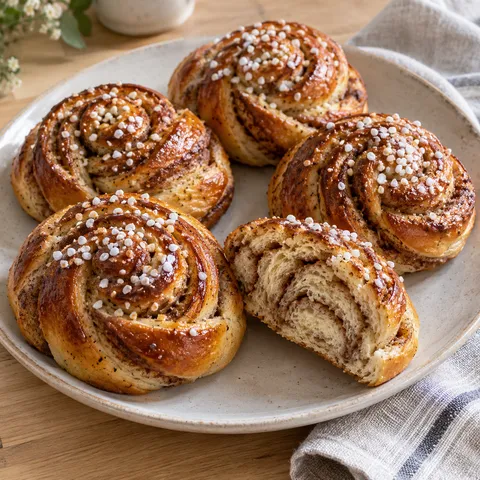 Gyllenbruna kanelbullar med kardemumma, pärlsocker och synlig kanelfyllning