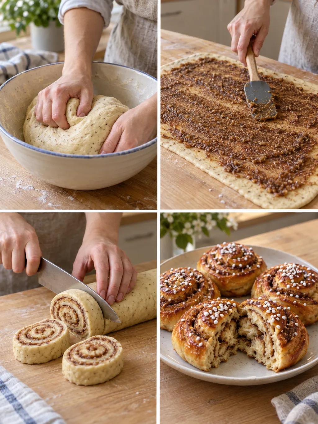 Knådning, kanelfyllning och utbakning av kanelbullar samt färdiga bullar med pärlsocker