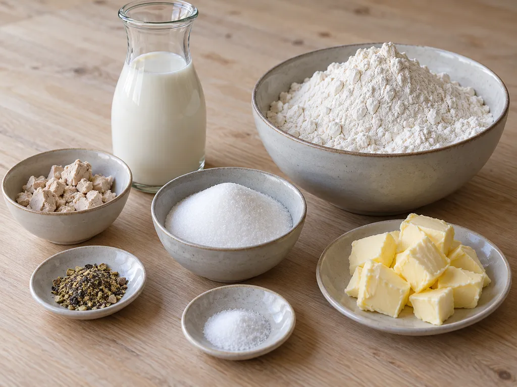 Mjöl, mjölk, jäst, smör, socker, salt och stötta kardemummakärnor till kardemummaskorpor