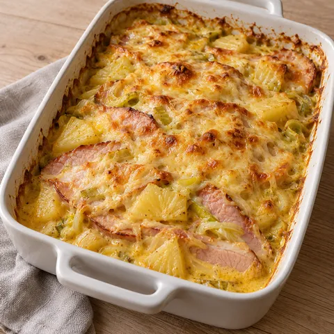Kasslergratäng med ananas, currysås och gyllene osttäcke i en ljus ugnsform