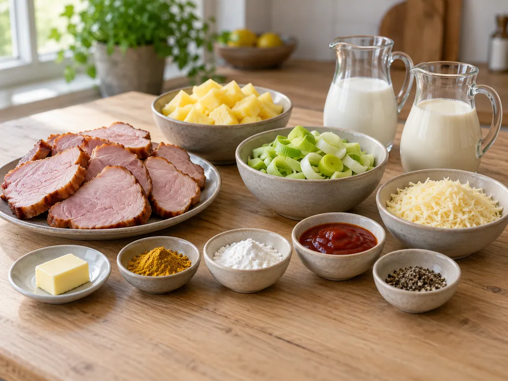 Kassler, ananas, purjolök och ingredienser till currysås och osttäcke