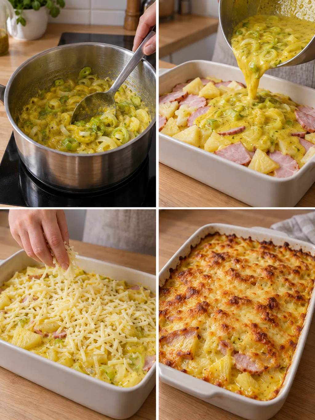 Purjolök fräses, currysås hälls på och ost strös över innan gratängen är färdig