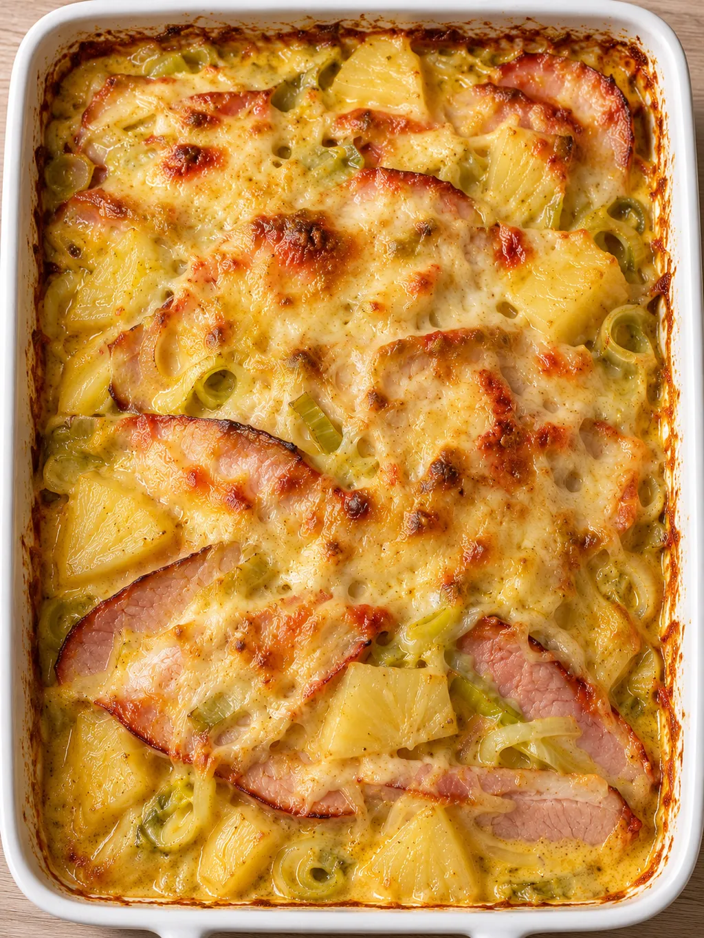Kasslergratäng med gula ananasbitar, krämig currysås och brynt ost