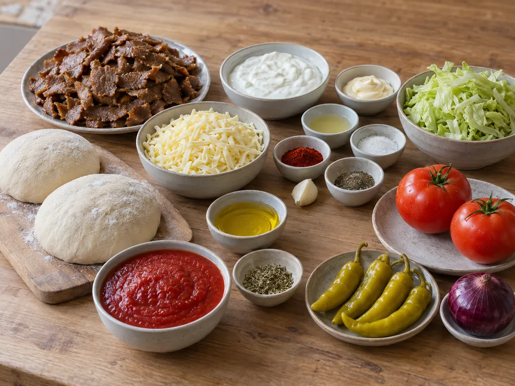 Pizzadeg, kebabkött, ost, grönsaker och ingredienser till kebabsås