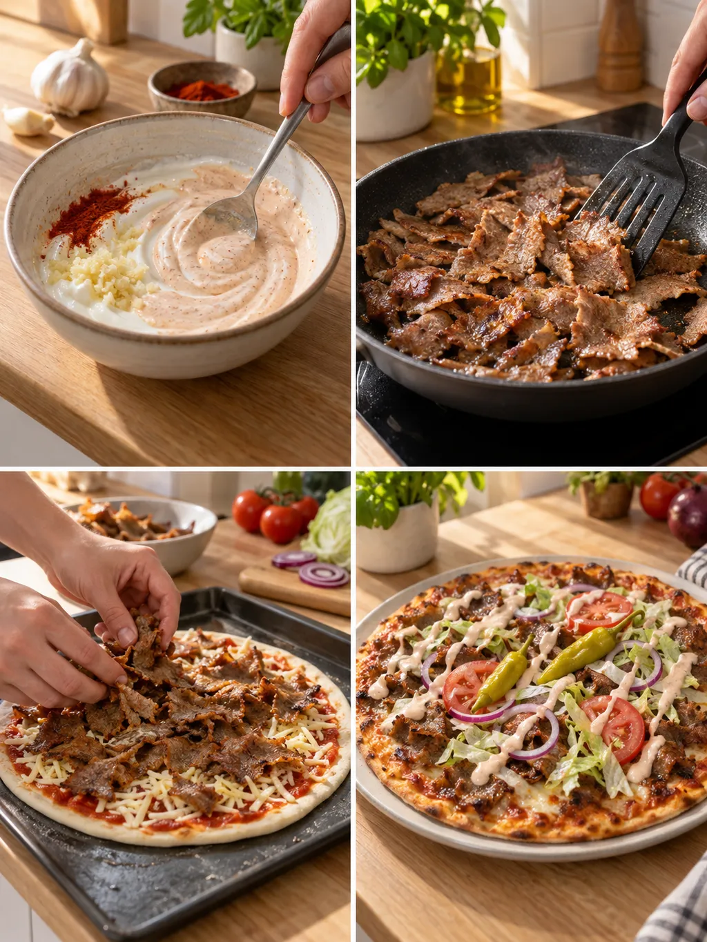 Kebabsås blandas, kebab värms och pizzan fylls före servering med sallad