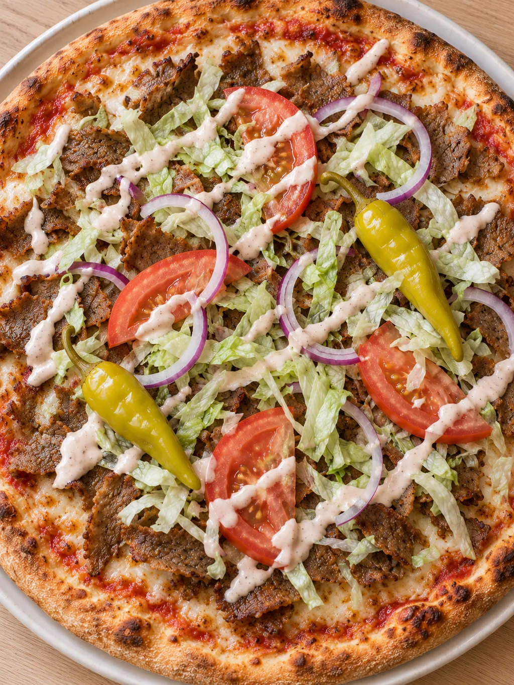 Kebabpizza med brynt kött, smält ost, krispig sallad och krämig kebabsås