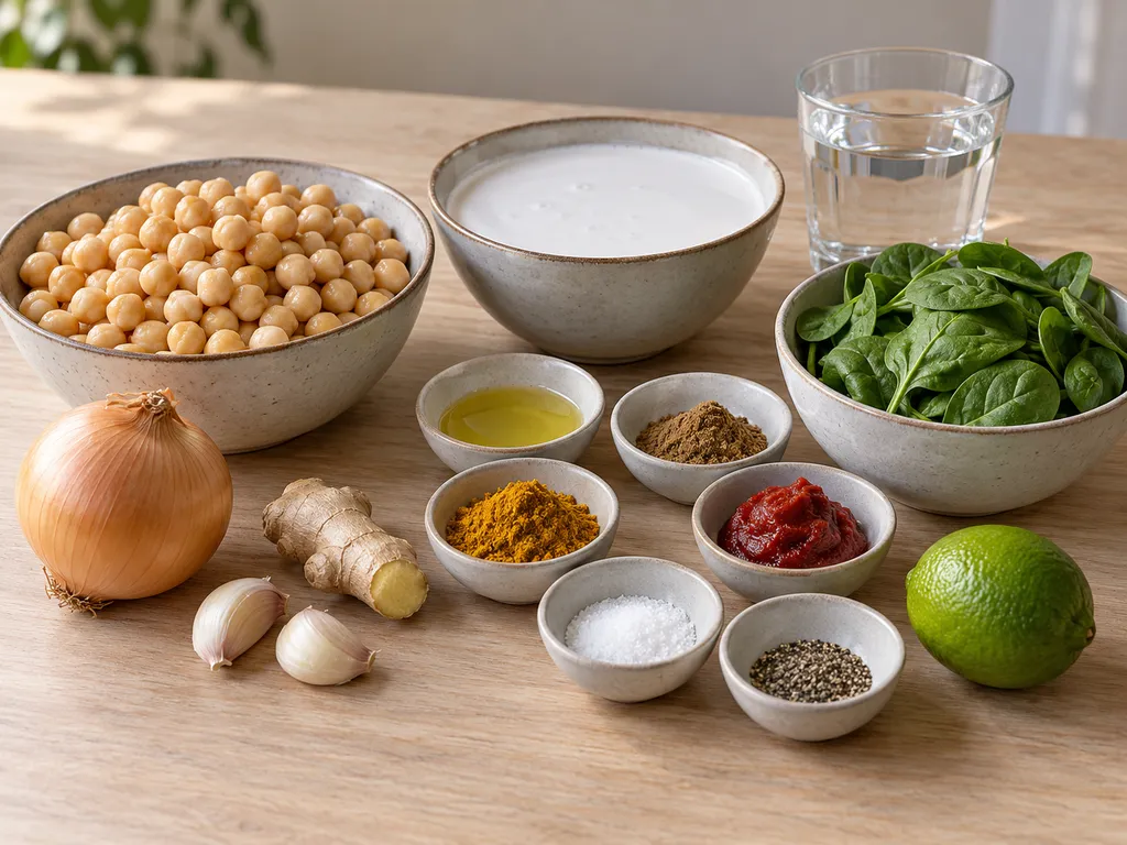 Kikärtor, kokosmjölk, spenat, lök, ingefära, lime och kryddor till grytan