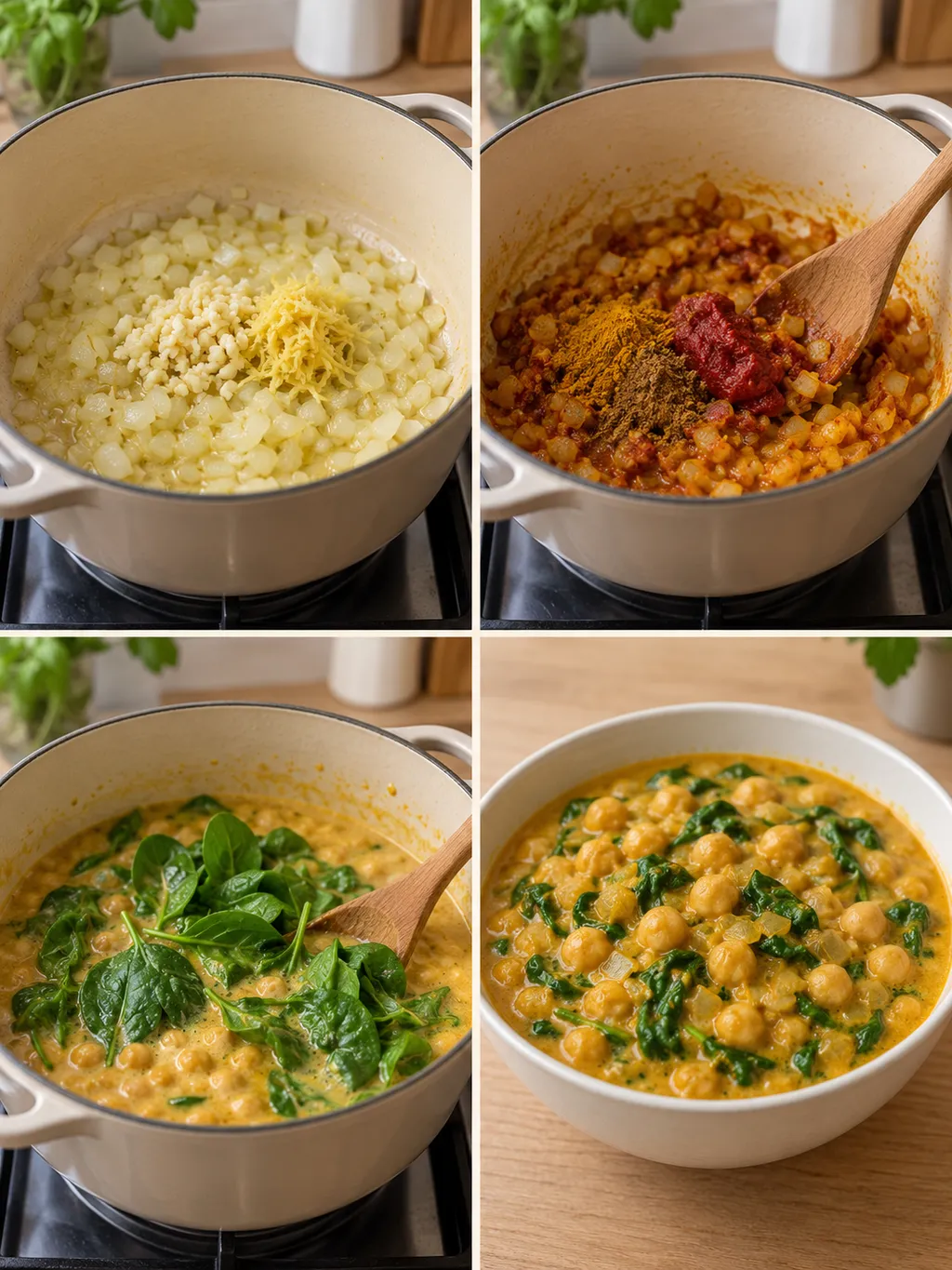 Lökfräsning, curryfräsning, spenat i såsen och färdig kikärtsgryta