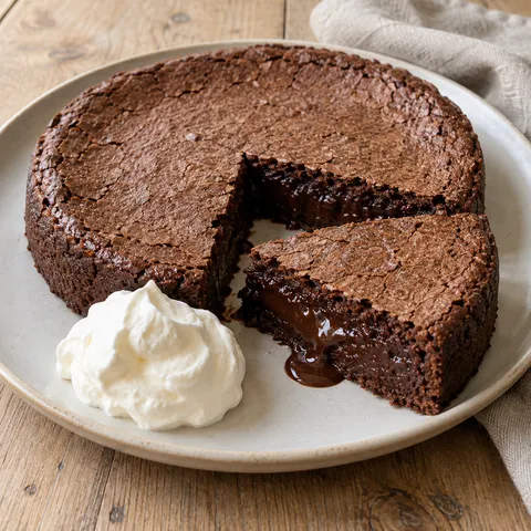 Kladdkaka med varm chokladfyllning som flyter ur en uppskuren bit och grädde på fatet