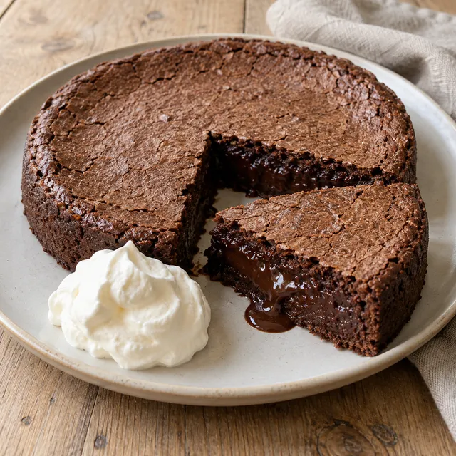 Kladdkaka med varm chokladfyllning som flyter ur en uppskuren bit och grädde på fatet