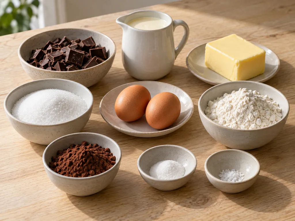 Choklad, grädde, smör, socker, två ägg, mjöl, kakao, vaniljsocker och salt