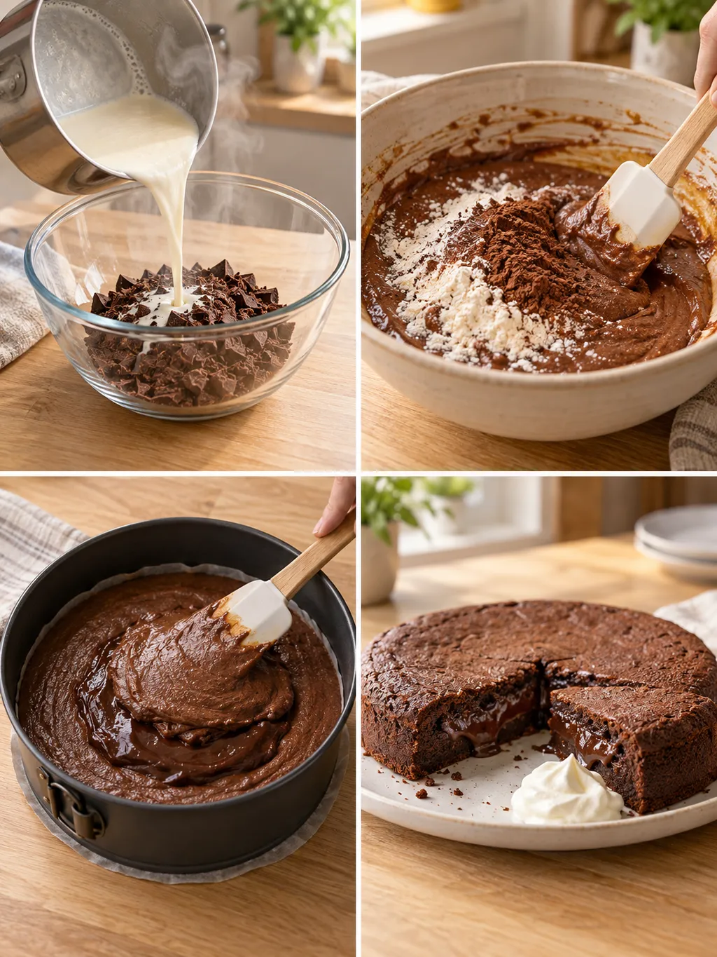 Chokladfyllning blandas, kaksmet rörs och fylls i formen innan kladdkakan serveras