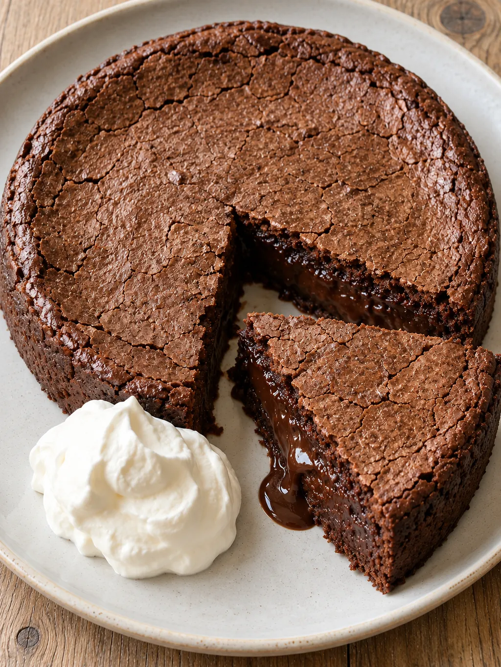 Ljummen kladdkaka med rinnande chokladkärna och en klick lättvispad grädde