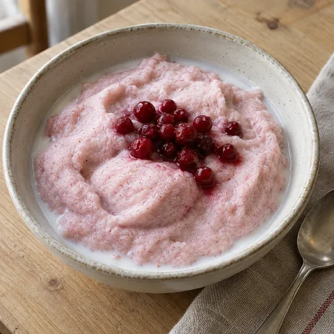 Ljusrosa klappgröt med kokta lingon och kall mjölk i en keramikskål
