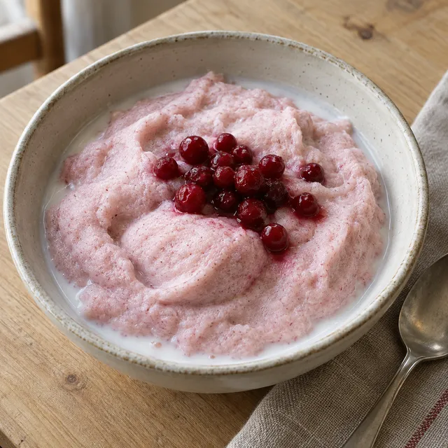Ljusrosa klappgröt med kokta lingon och kall mjölk i en keramikskål