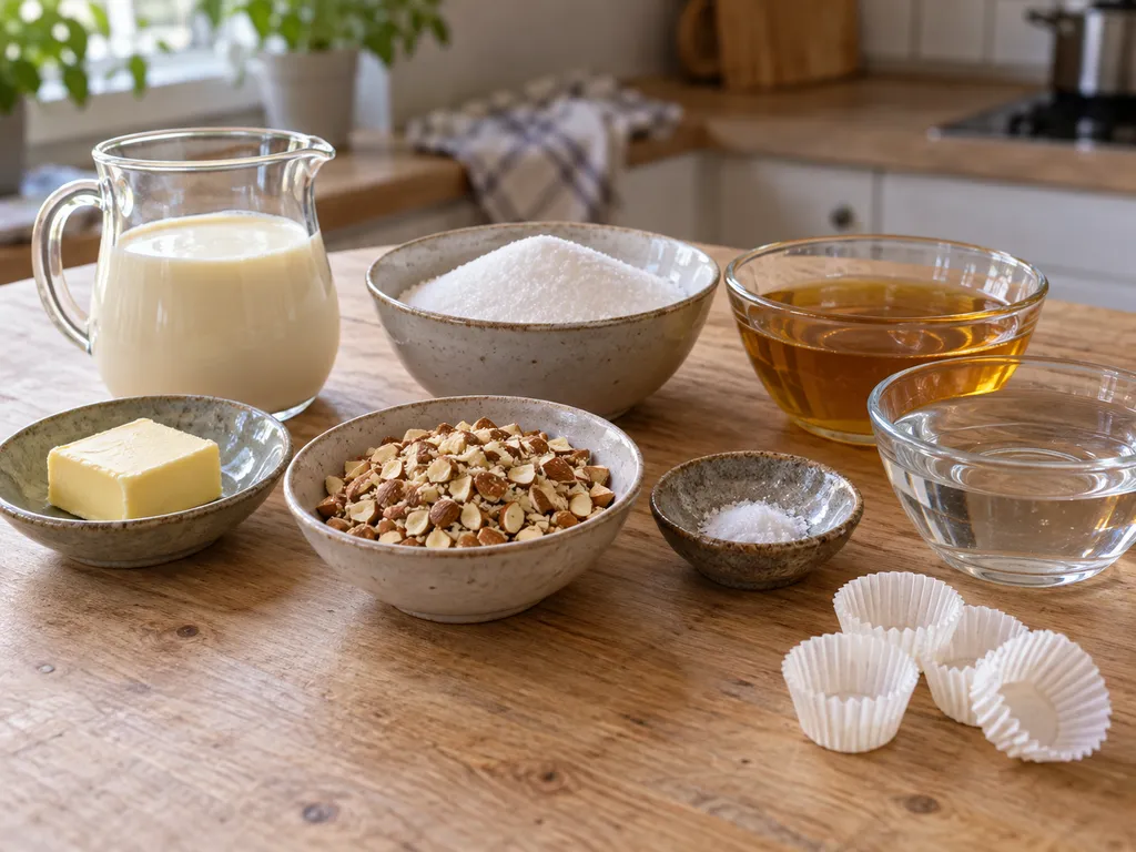 Grädde, socker, sirap, smör, mandel, salt och vatten till knäck med kulprov
