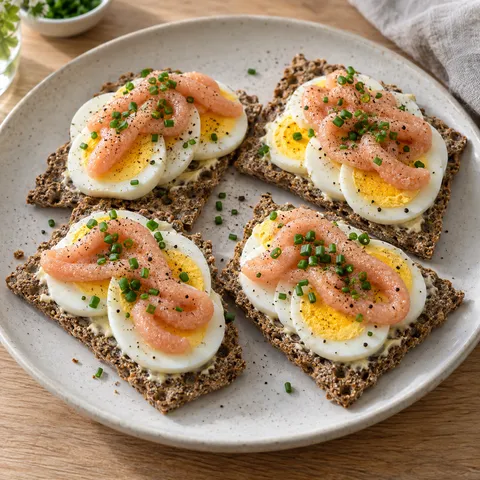 Fyra rågknäckemackor med skivat ägg, rökt kaviar och gräslök