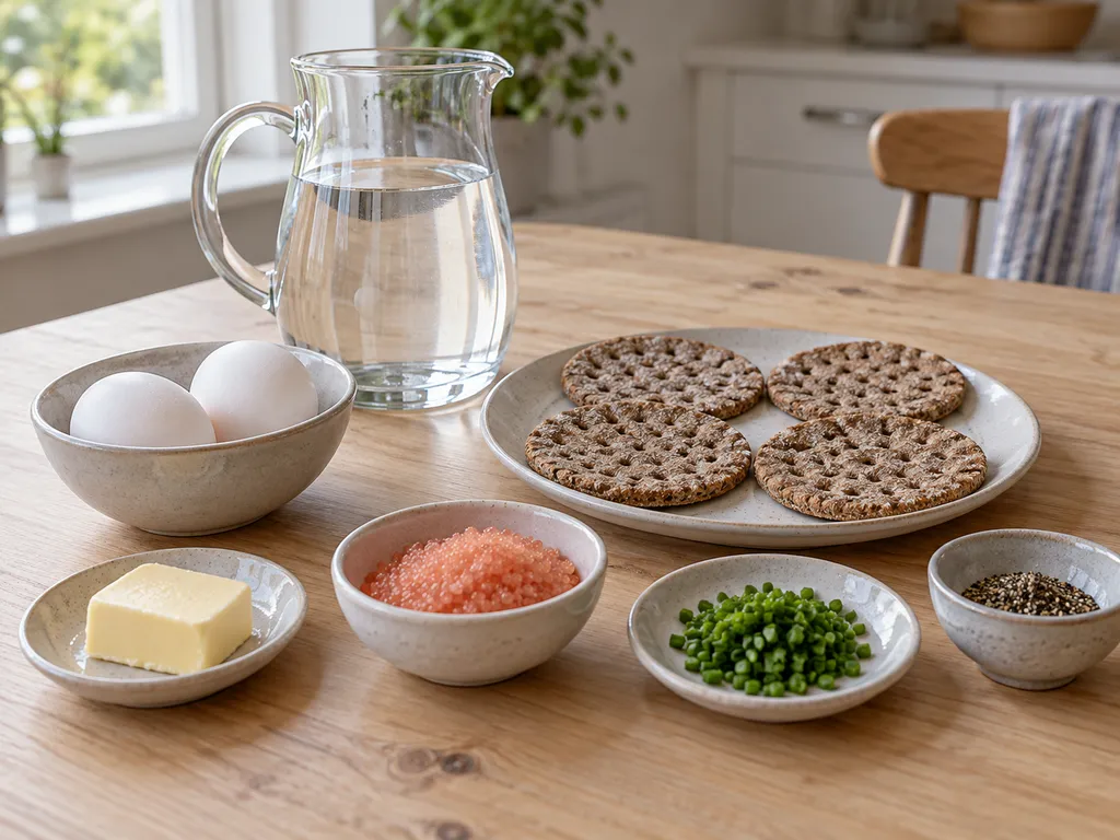 Ägg, rågknäcke, smör, rökt kaviar, gräslök, svartpeppar och vatten