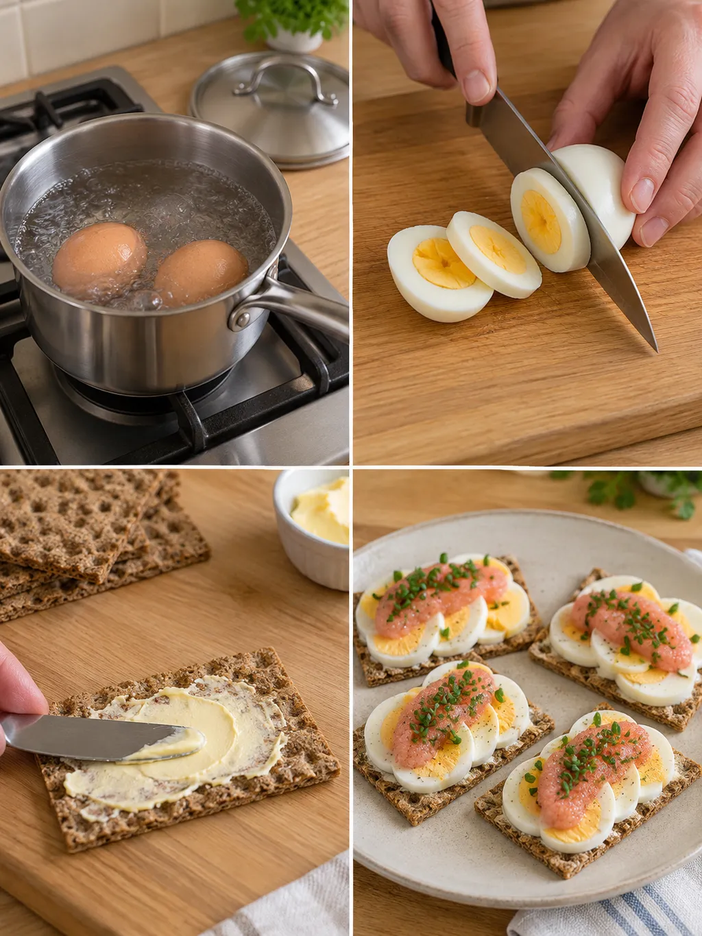 Ägg tillagas och skivas, knäcke smöras och färdiga kaviarmackor serveras