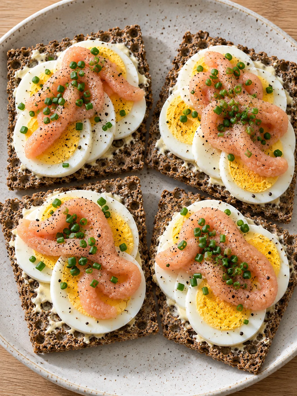Knäckebröd med fasta äggskivor, rosa kaviarsträngar och hackad gräslök