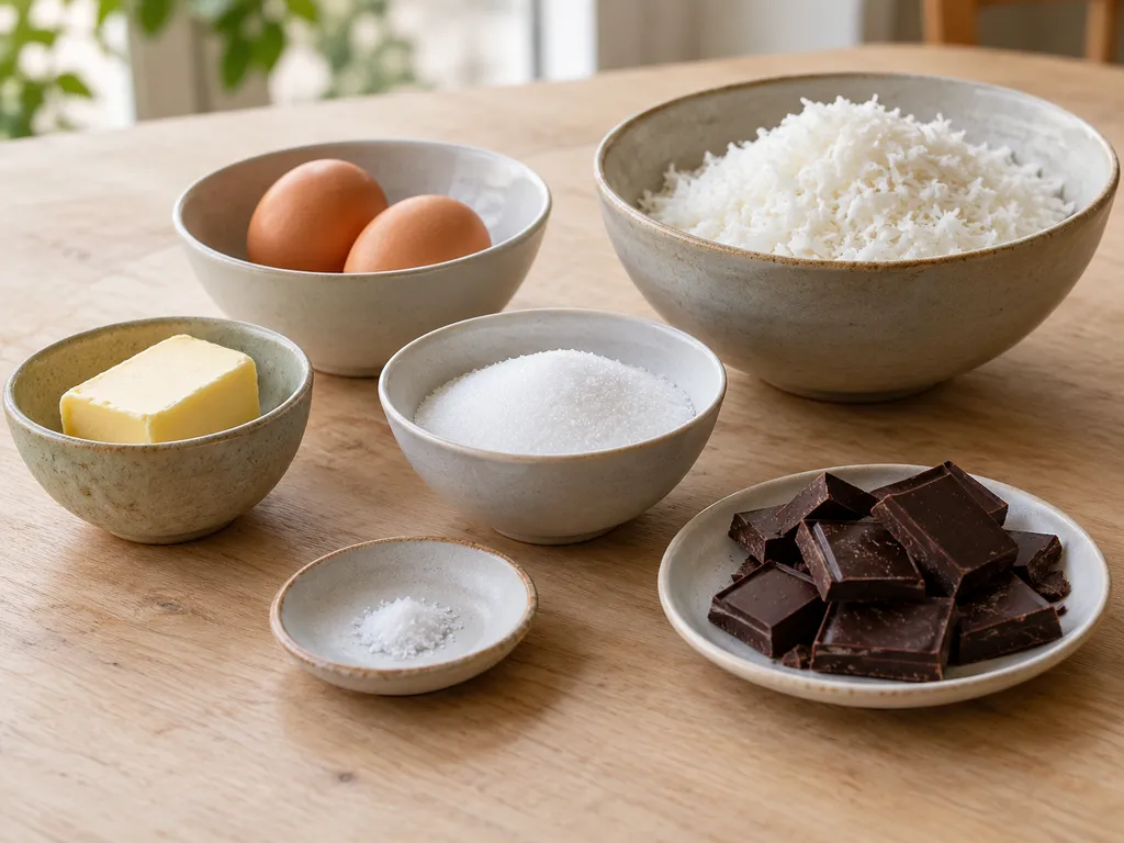Kokosflingor, två ägg, smör, socker, salt och mörk choklad i separata skålar