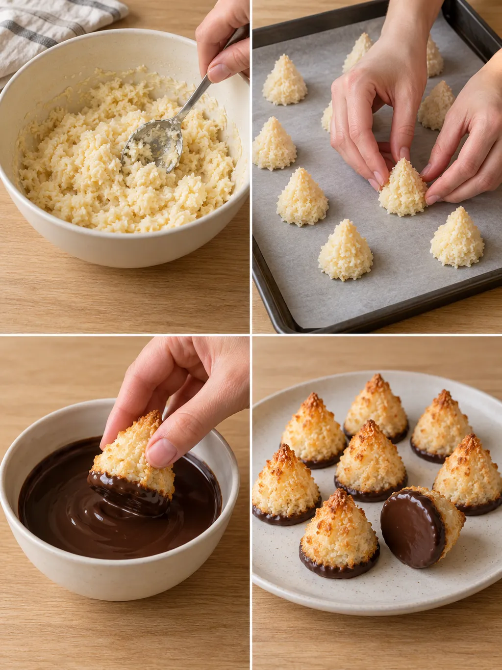 Kokossmet blandas, toppar formas och doppas i choklad före servering