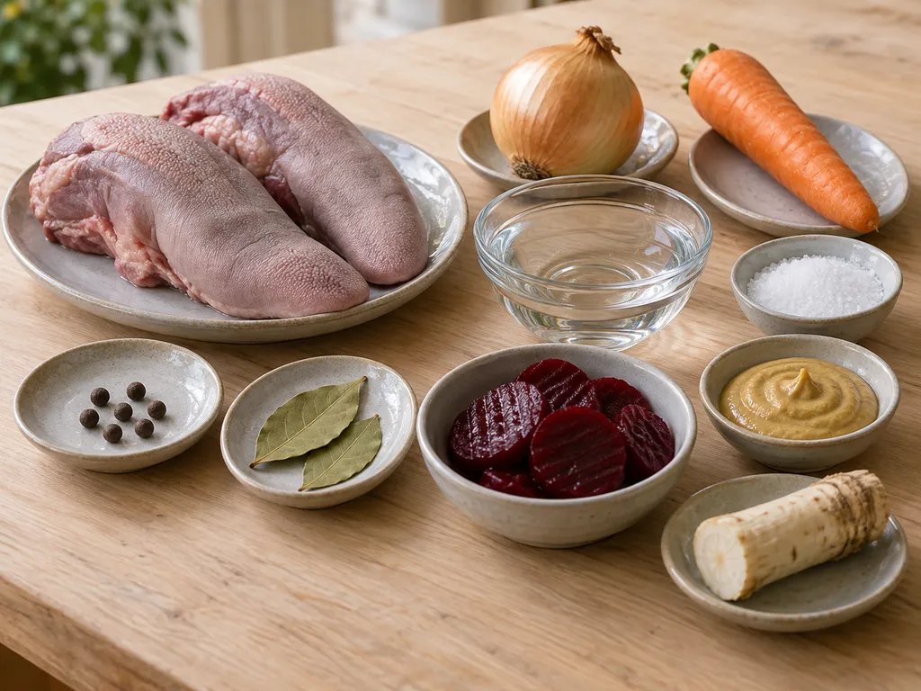 Kalvtungor, lök, morot, kryddor, senap, rödbetor och pepparrot inför tillagning
