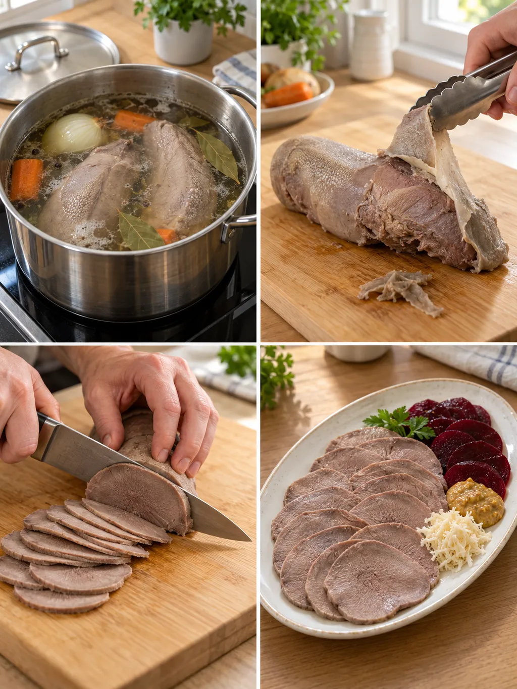 Kalvtunga sjuds, skalas och skivas före servering med senap och rödbetor