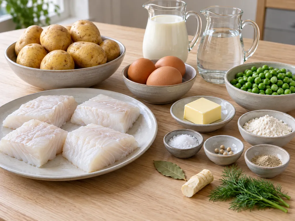 Torsk, potatis, ägg, mjölk, smör, mjöl, dill, ärter och pepparrot till middagen