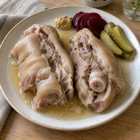 Kokta grisfötter i geléspad med senap, rödbetor och ättiksgurka