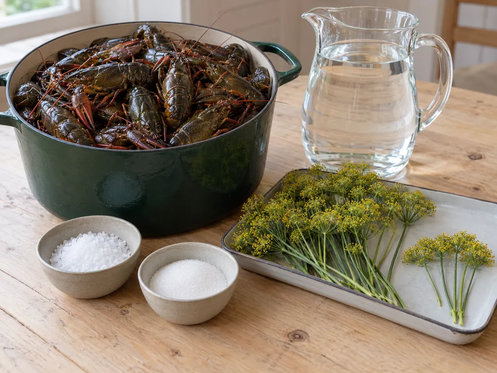 Råa kräftor, krondill, vatten, salt och socker inför kräftkoket