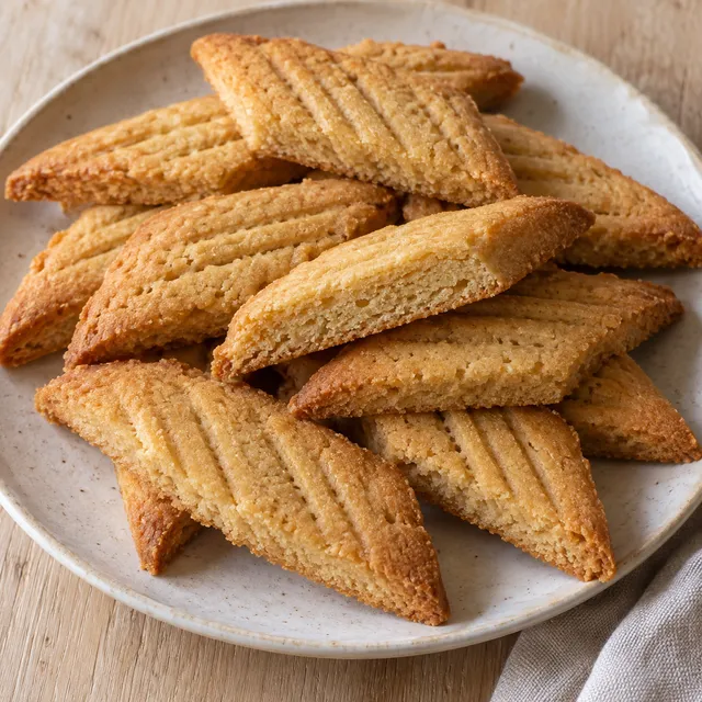 Gyllene kolasnittar med sneda snitt och gaffelspår på ett ljust fat