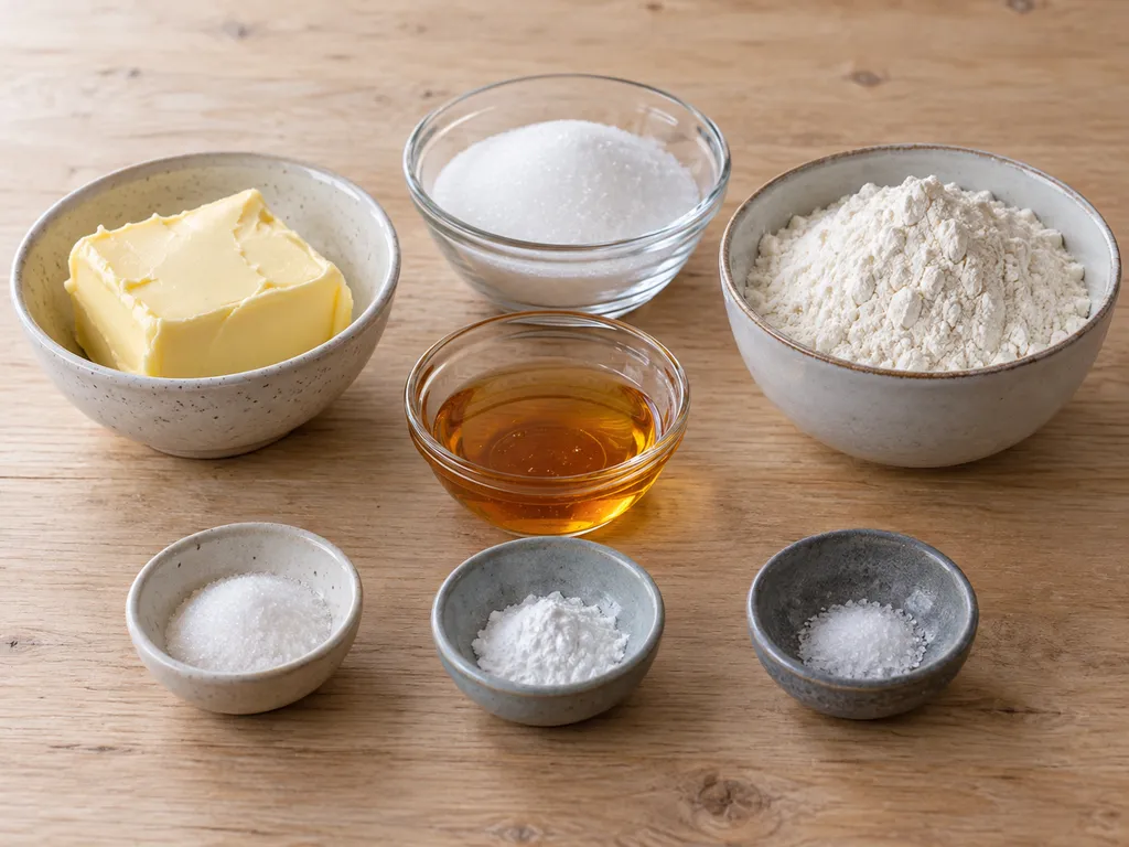 Smör, socker, ljus sirap, vetemjöl, vaniljsocker, bakpulver och salt till kolasnittar